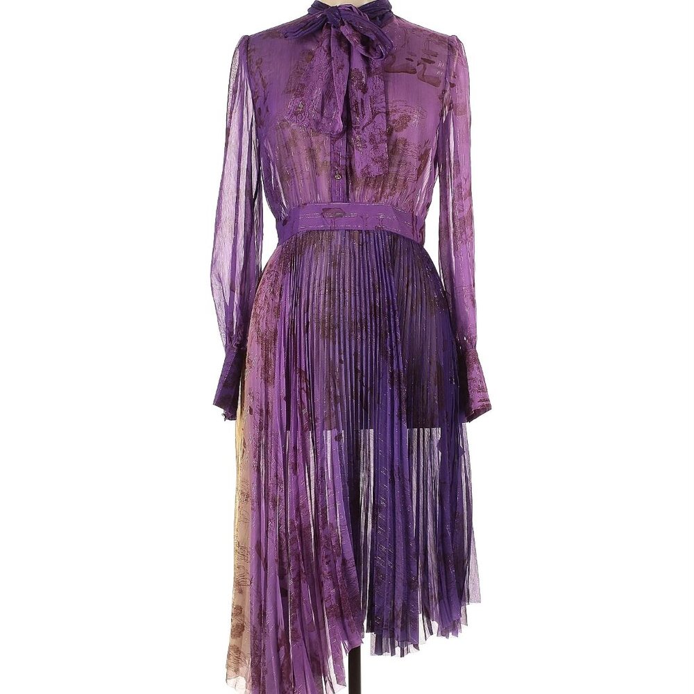 Mukzin Purple Pleated Asymmetrical Dress with Bow Tie Neck - NWT